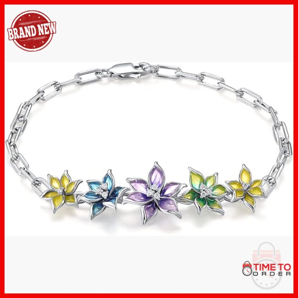 7 Inch Sterling Silver Enamel Flower Bracelet Lobster Claw Clasp